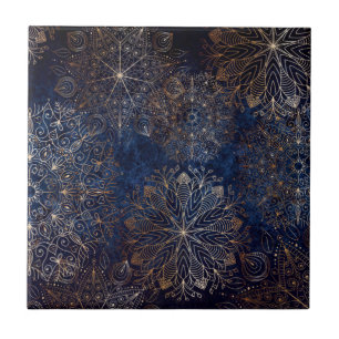Carreau Motif élégant de Mandala en or et en bleu foncé