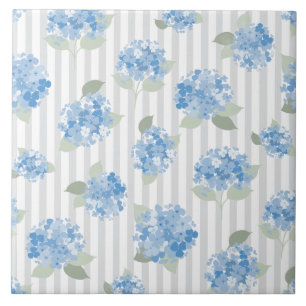 Carreau Motif Élégant d'Hydrangea Bleue Rayure Grise