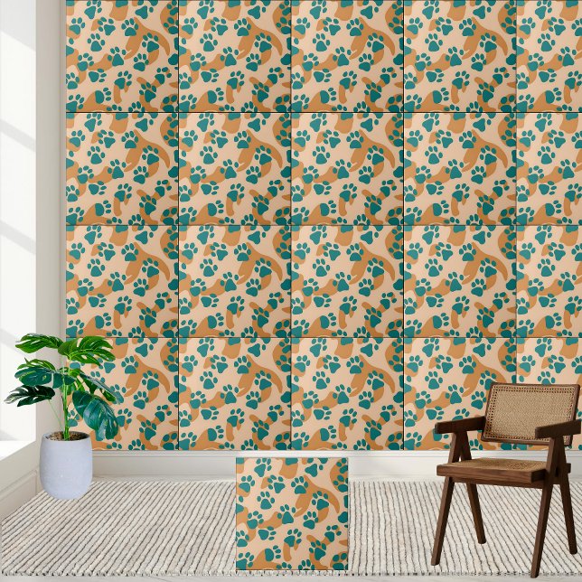 Carreau Motif Empreinte de patte turquoise et Tan (Teal and Tan Paw Print Pattern Tile)