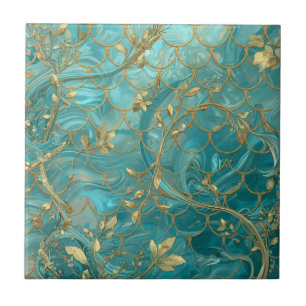 Carreau Motif en écailles de sirène Aqua Pearlescent & Or