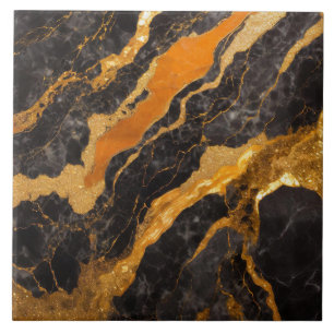 Carreau Motif en marbre noir orange avec or