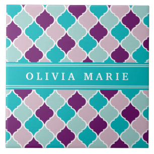 Carreau Motif en treillis violet et turquoise avec nom