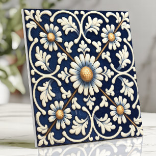 Carreau Motif fleur de marguerite bleu victorien et ivoire