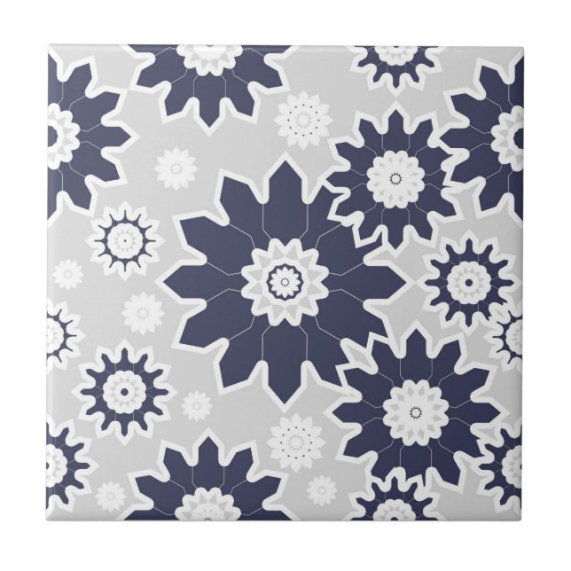 Carreau motif floral Abstrait, bleu marine, blanc, gris (Devant)