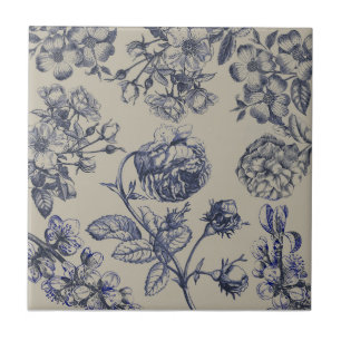 Carreau Motif floral botanique toile bleue vintage antique