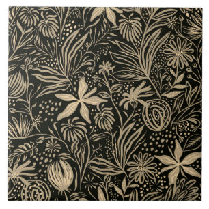 Carreau Motif floral brillant en or sur noir