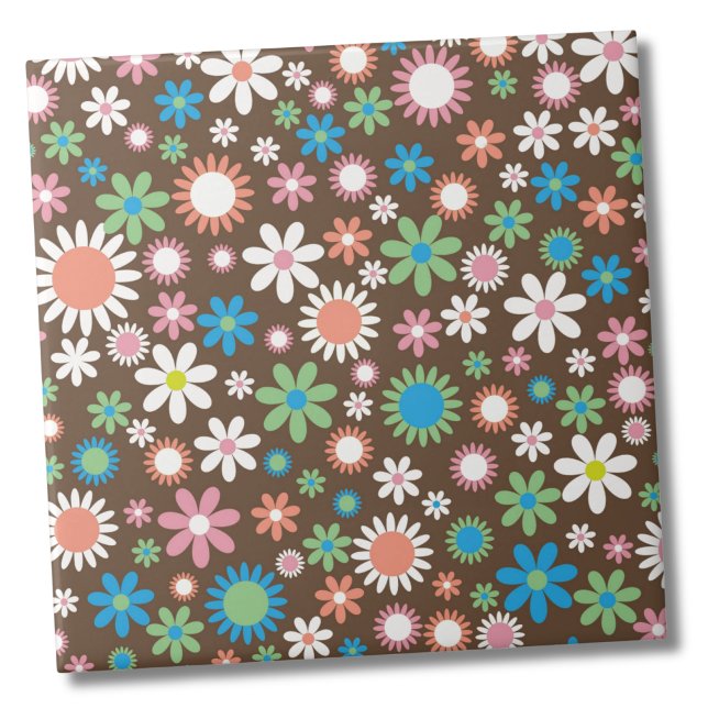 Carreau Motif Floral Cute Daisy (Cute Groovy Brown Blue Green Retro Daisy Floral ceramic tile)