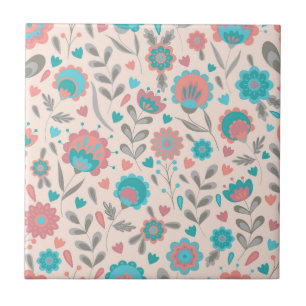 Carreau Motif floral d'art populaire turquoise et de
