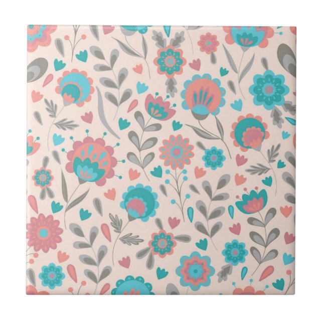 Carreau Motif floral d'art populaire turquoise et de (Devant)