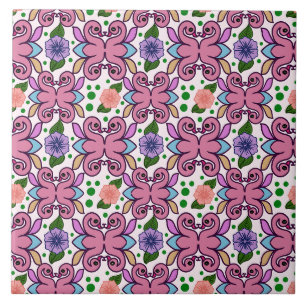 Carreau Motif floral d'oiseau folklorique fantaisiste