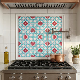 Carreau Motif floral géométrique rouge sarcelle en pierre