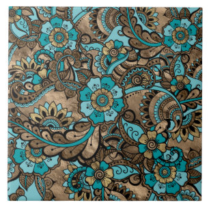 Carreau Motif Floral Paisley - turquoise et doré
