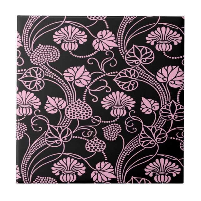Carreau Motif floral rétro rose sur noir (Devant)