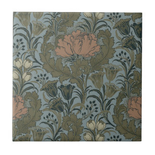 Carreau Motif floral victorien antique terre cuite sauge