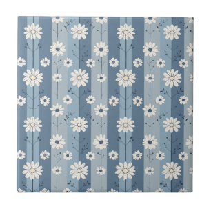Carreau Motif floral vintage à rayure bleue Daisy