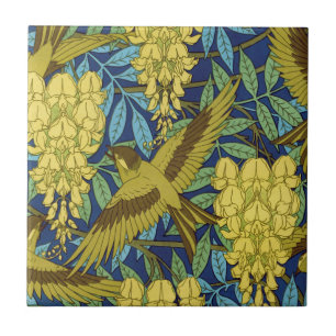Carreau Motif Floral Vintage Bleu Marine et Jaune