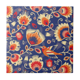 Carreau 💛 🧡 💙 motif folklorique aux fleurs jaunes 002 