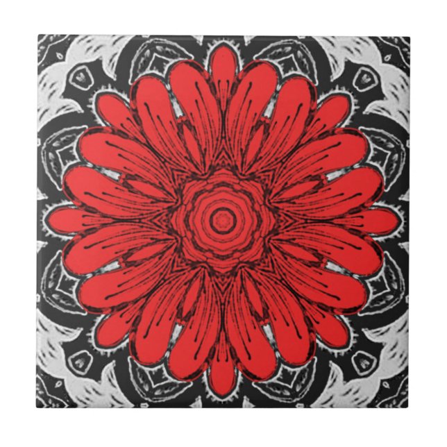 Carreau Motif géométrique de marguerite en rouge, noir et  (Devant)