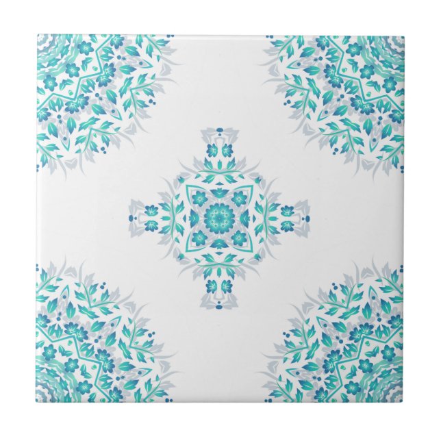 Carreau Motif géométrique Mandala blanc turquoise (Devant)