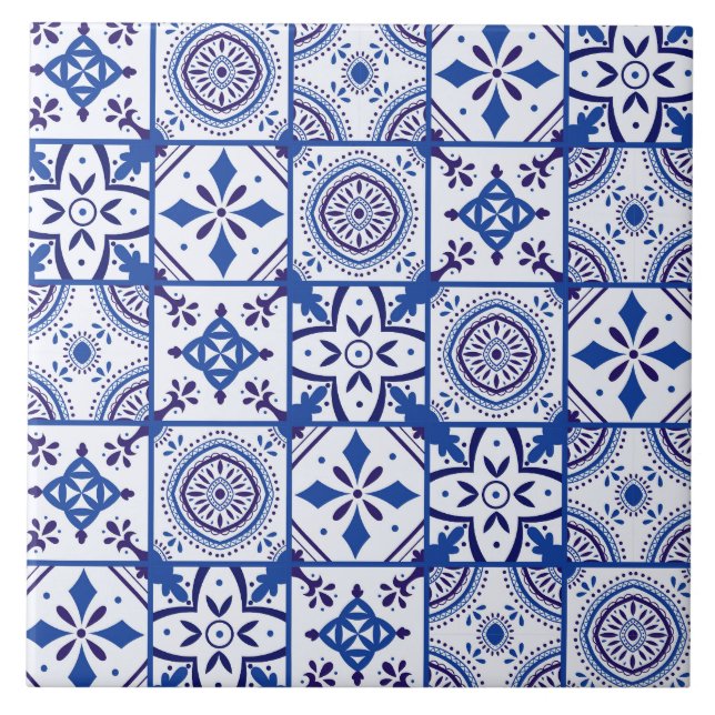 Carreau Motif marocain en bleu, blanc & noir (Devant)