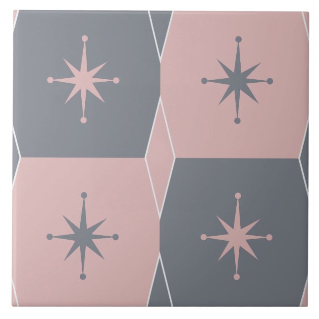 Carreau Motif moderne du milieu du siècle rose et gris (Devant)