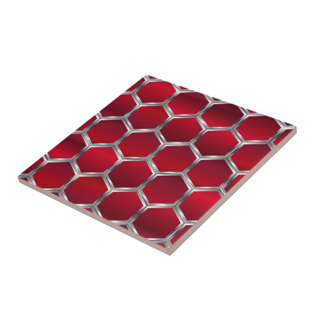 Carreau Motif octogone rouge et métal argenté (Côté)