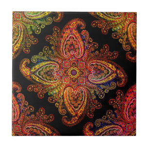 Carreau Motif Paisley Multicolore sur Noir 02