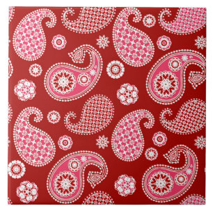 Carreau Motif Paisley, rouge foncé, blanc et rose corail