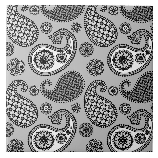 Carreau Motif Paisley, tons gris, noir et blanc (Devant)