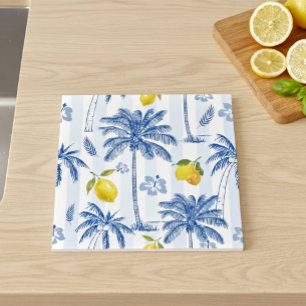 Carreau Motif Palmiers Citrons Toile Bleue