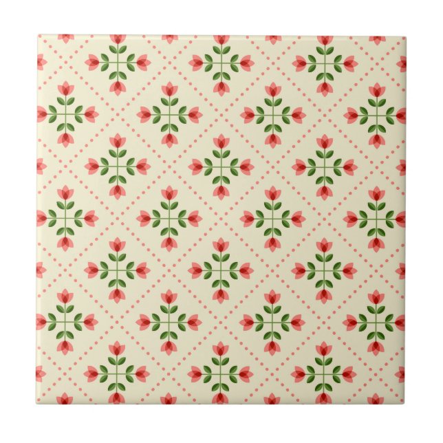 Carreau Motif rose et vert floral d'art populaire (Devant)