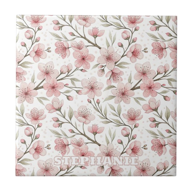 Carreau Motif Sakura en fleurs de cerises roses sur blanc  (Devant)