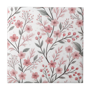 Carreau Motif Sakura en fleurs de cerises roses sur blanc
