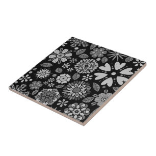 Carreau Motif sans couture d'art floral rétro noir et gris