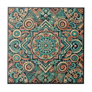 Carreau Motif sarcelle et terracotta inspiré des Aztèques