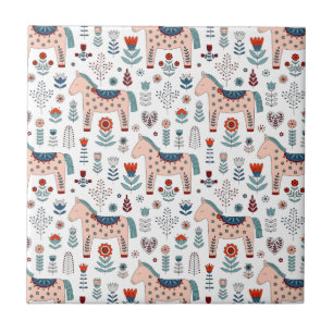 Carreau Motif scandinave d'art populaire de cheval