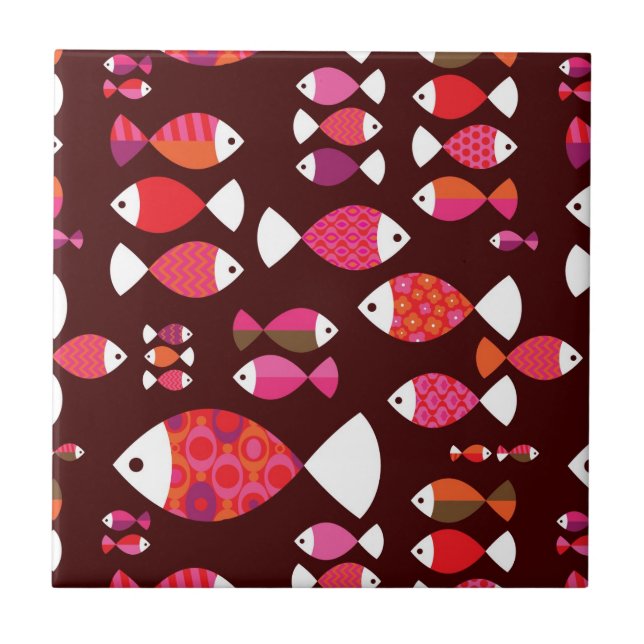Carreau Motif sous-marin de rétros poissons abstraits (Devant)