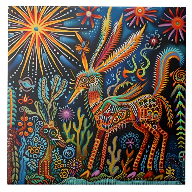 Carreau Motif tribal Abstrait et dynamique de Huichol (Devant)