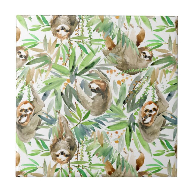 Carreau Motif tropical de paresse d'aquarelle (Devant)
