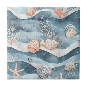 Carreau Motif Vagues Aqua et Coquillages de Récif Corallie