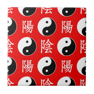 Carreau Motif Yinyang chinois sur fond rouge