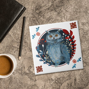 Carreau Mystical Blue Owl Red Leaves
