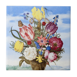 Carreau Nature morte florale de l'Âge d'or néerlandais vin
