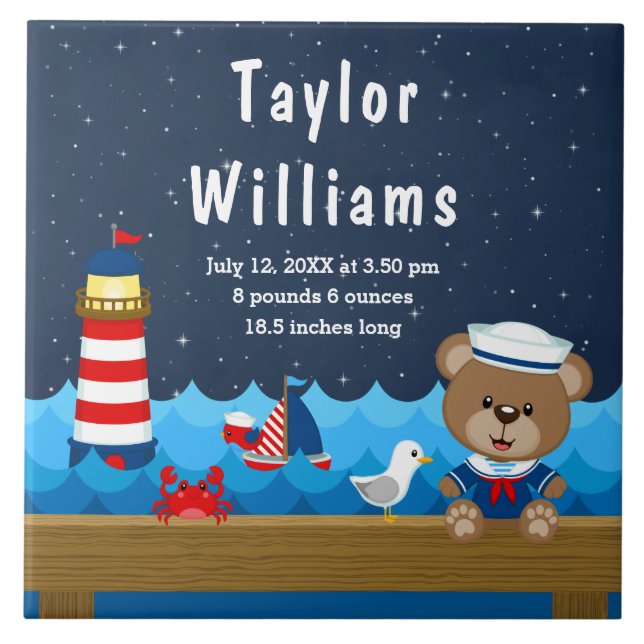 Carreau Nautical Boy Bear Statistiques de naissance de la  (Devant)