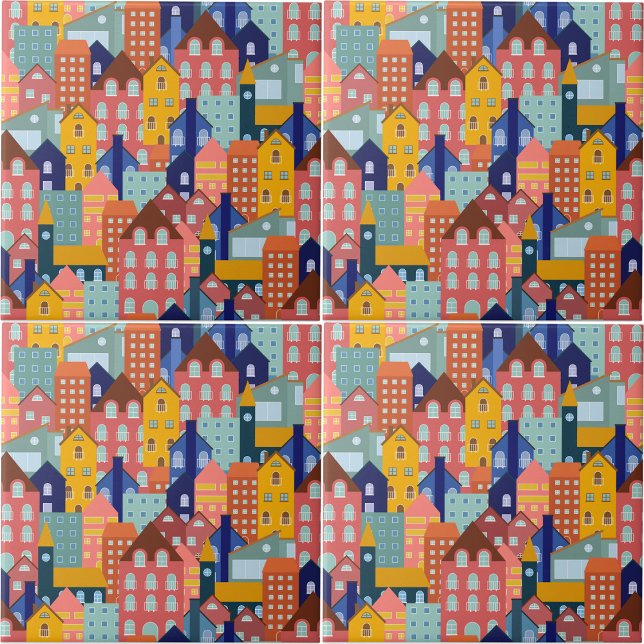 Carreau Neighborhood Block City Houses Pattern (Neighborhood Block City Houses Pattern Ceramic Tile)