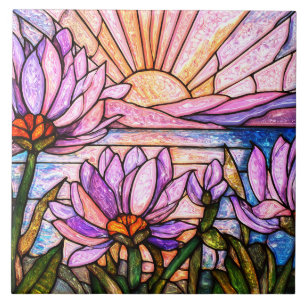 Carreau Nénuphar à l'eau violette Faux Vitrail Soleil leva