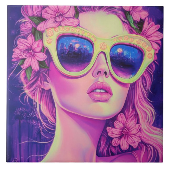 Carreau Neon Dream Girl avec lunettes de soleil florales (Devant)
