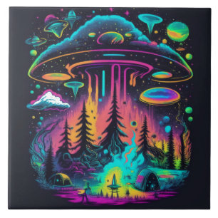Carreau Neon UFO et scène Alien Art psychédélique