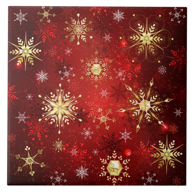 Carreau Noël Golden Snowflakes sur Arrière - plan rouge (Devant)