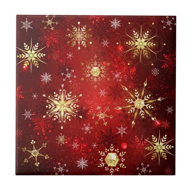 Carreau Noël Golden Snowflakes sur Arrière - plan rouge (Devant)